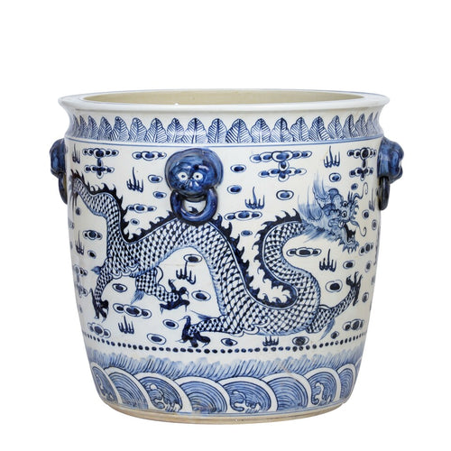 Blue And White Porcelain Dragon Planter With Lion Handle By Legends Of Asia