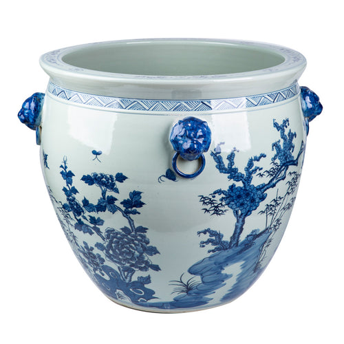 Blue And White Porcelain Magnolia Pheasant Planter Lion Handle By Legends Of Asia