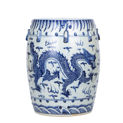 Blue and White Garden Stool Dragon Motif By Legends Of Asia