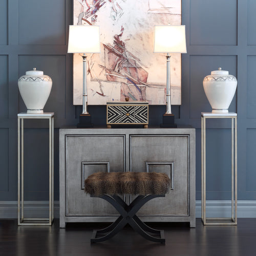 Port 68 Drake Silver and White Marble Pedestal Table