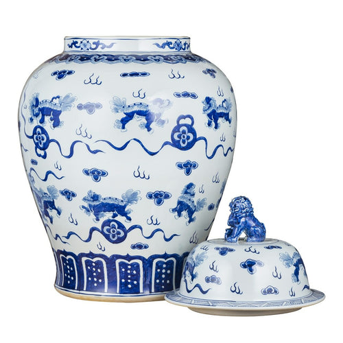 Blue & White Playing Foo Dog Porcelain Temple Jar Lion Lid XL, Legend of AsiaB