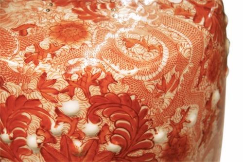 Orange Porcelain Garden Stool W/ Dragon Motif