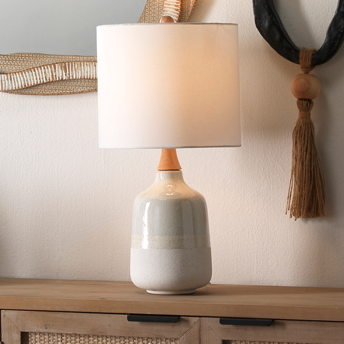 Alice Table Lamp With Drum Shade In White Linen Lifestyle by JY