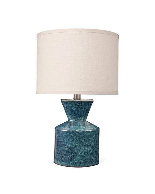 Jamie Young Berkley Table Lamp In Blue Ceramic With Small Drum Shade In White Linen