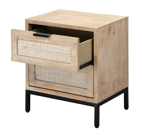 Reed 2 Drawer Side Table In Washed Wood & Black Metal