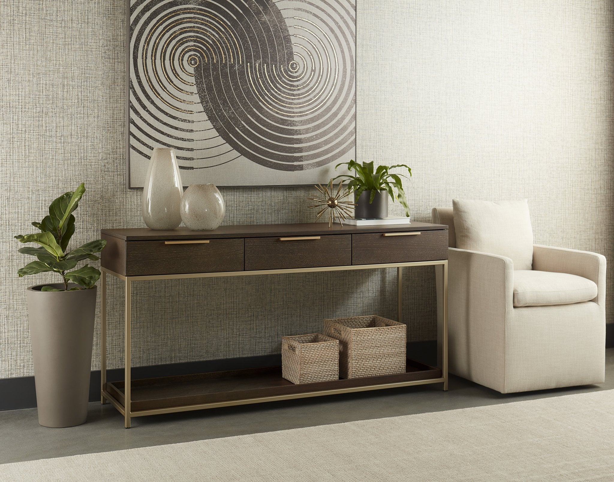 Sunpan Rebel Console Table With Drawers Gold Charcoal Grey