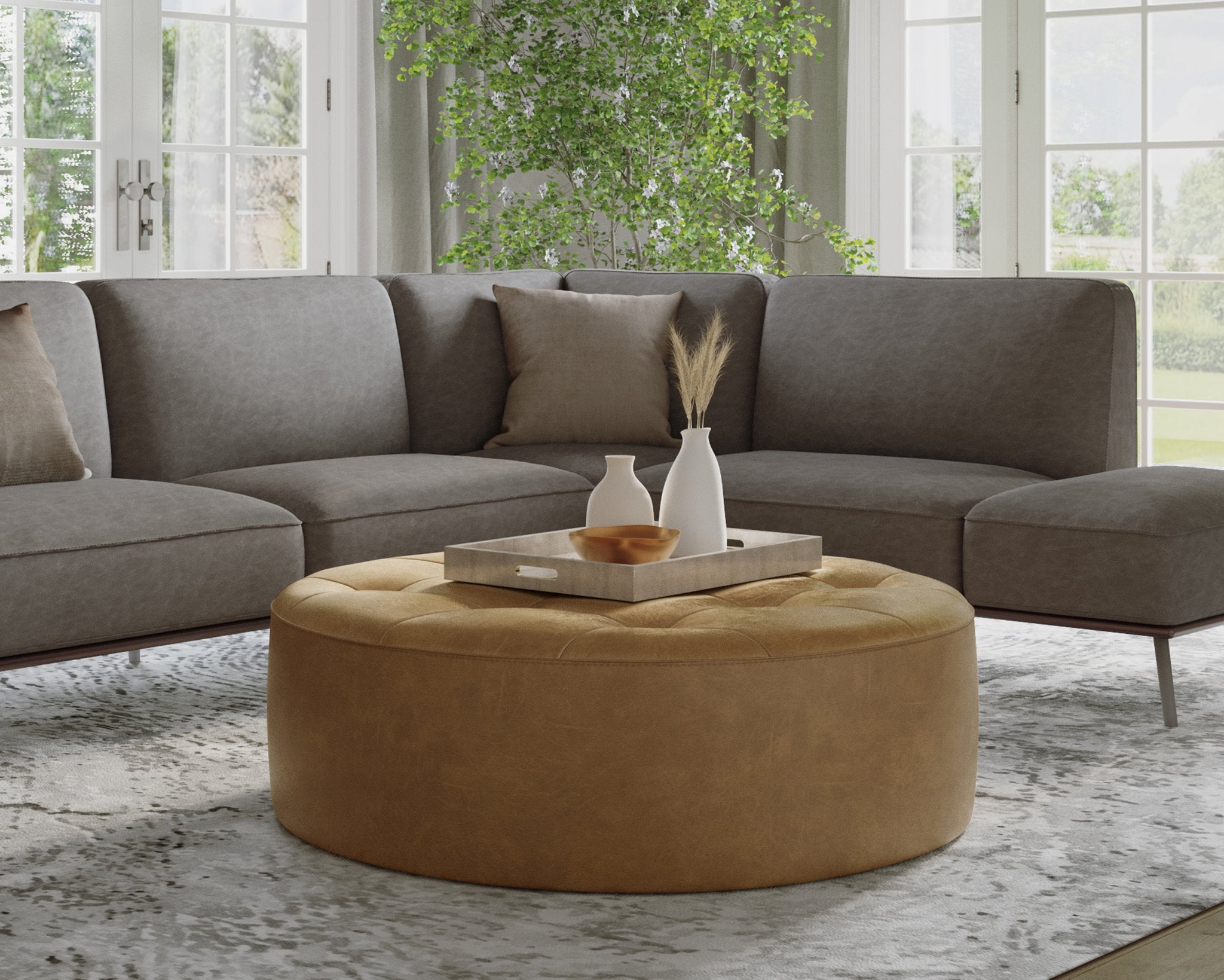 Sunpan Nilda Ottoman Camel Leather