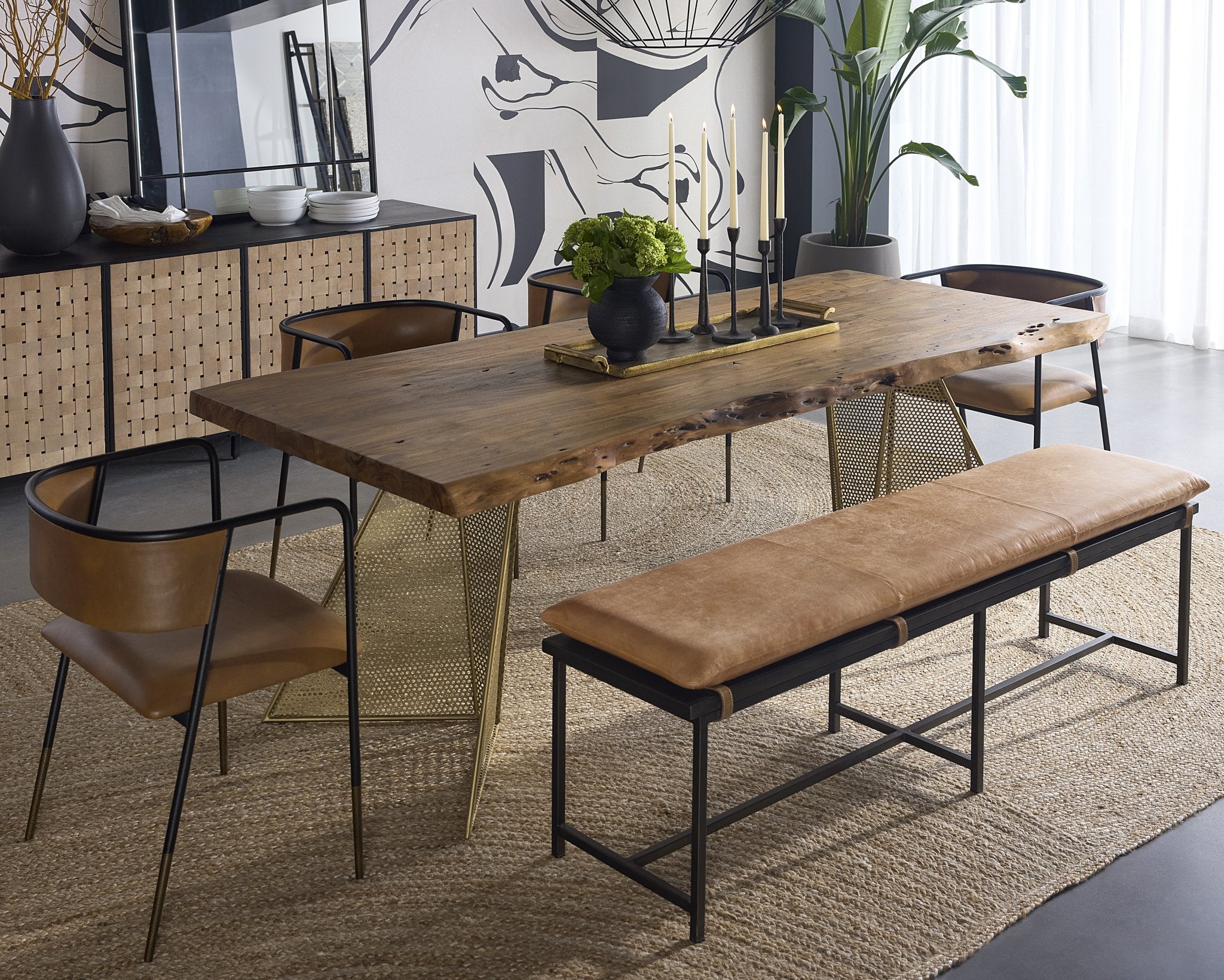 Sunpan Zancor Bench Gunmetal Tan Leather