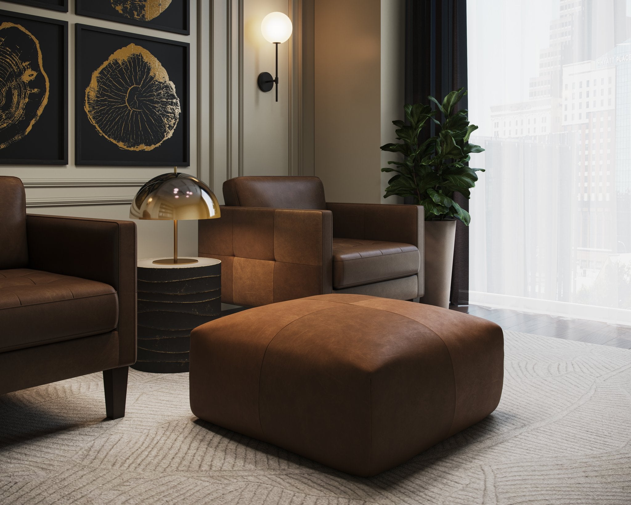 Sunpan Elio Ottoman Cognac Leather