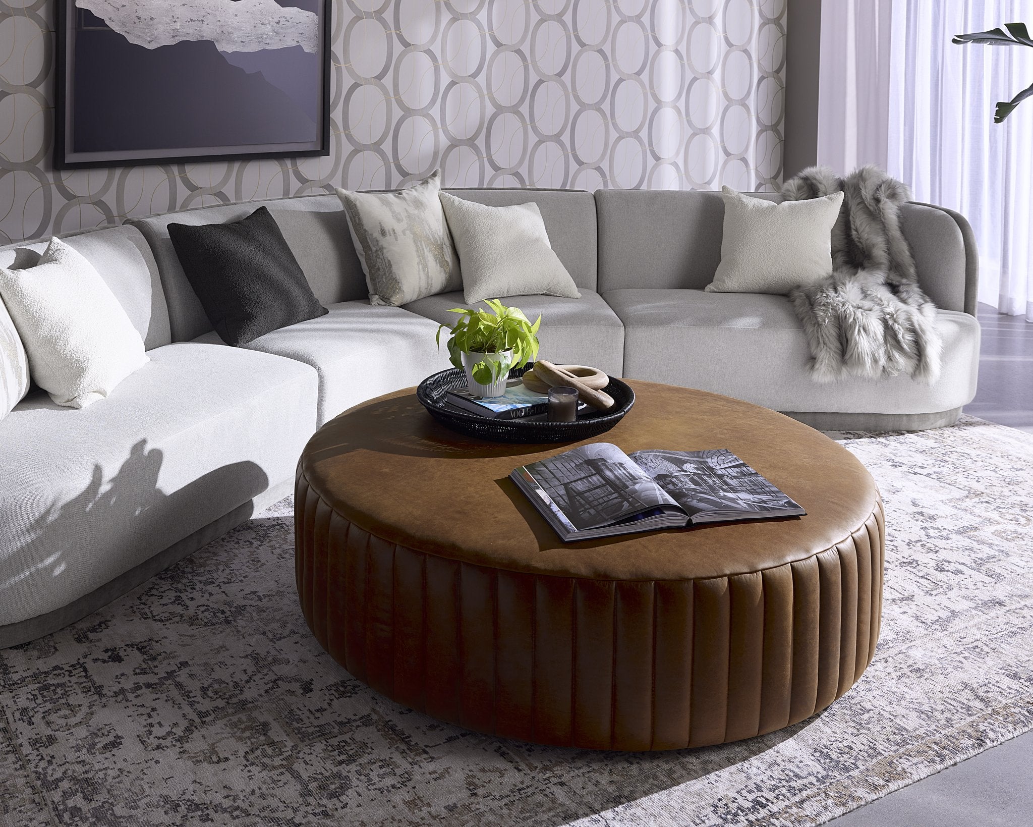 Sunpan Divano Ottoman Lucia Tobacco Leather