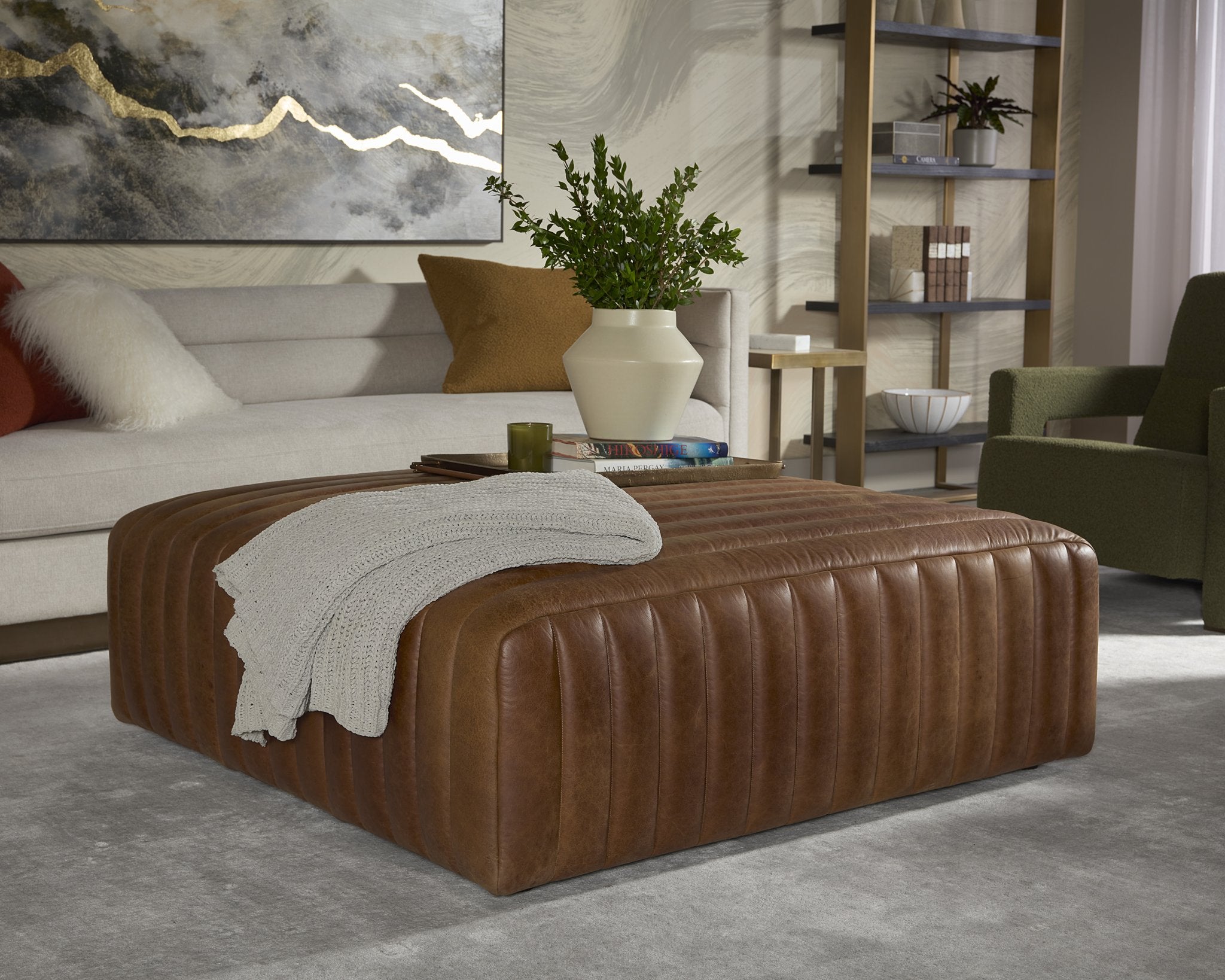 Sunpan Lewin Ottoman Square Lucia Tobacco Leather