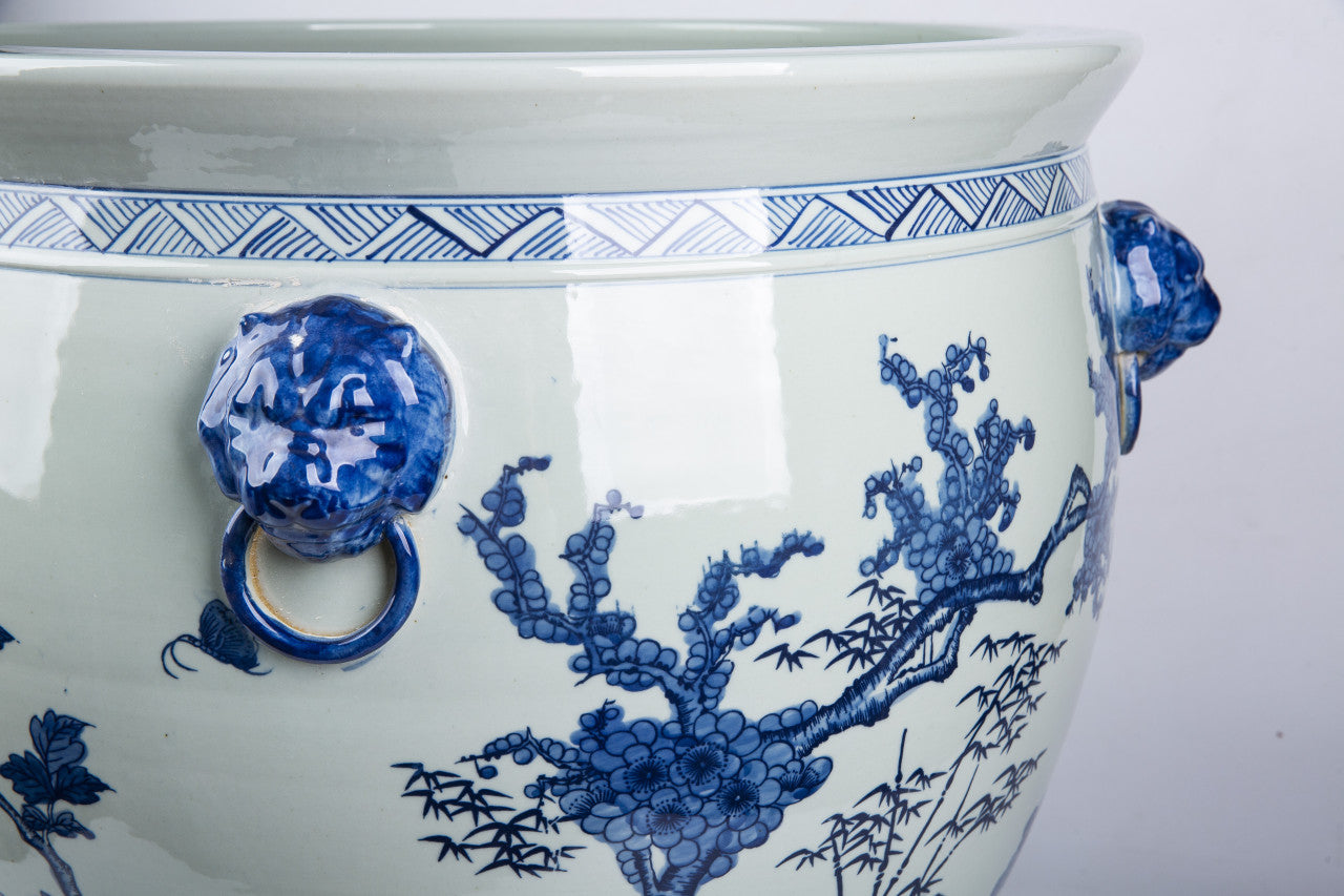 Blue And White Porcelain Magnolia Pheasant Planter Lion Handle By Legends Of Asia
