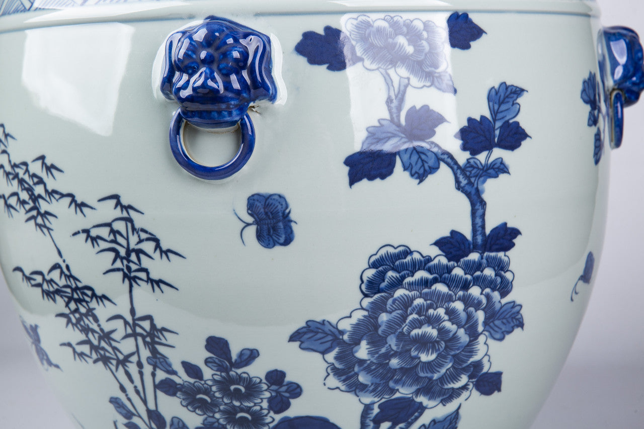Blue And White Porcelain Magnolia Pheasant Planter Lion Handle By Legends Of Asia