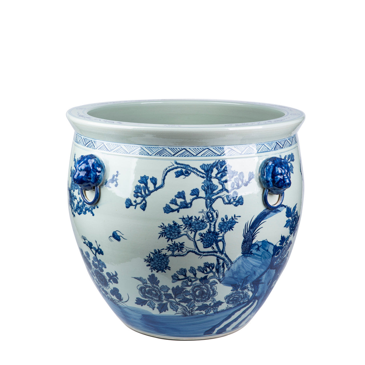 Blue And White Porcelain Magnolia Pheasant Planter Lion Handle By Legends Of Asia