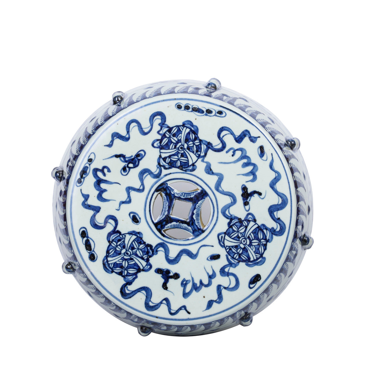 Blue and White Garden Stool Lion Motif By Legends Of Asia