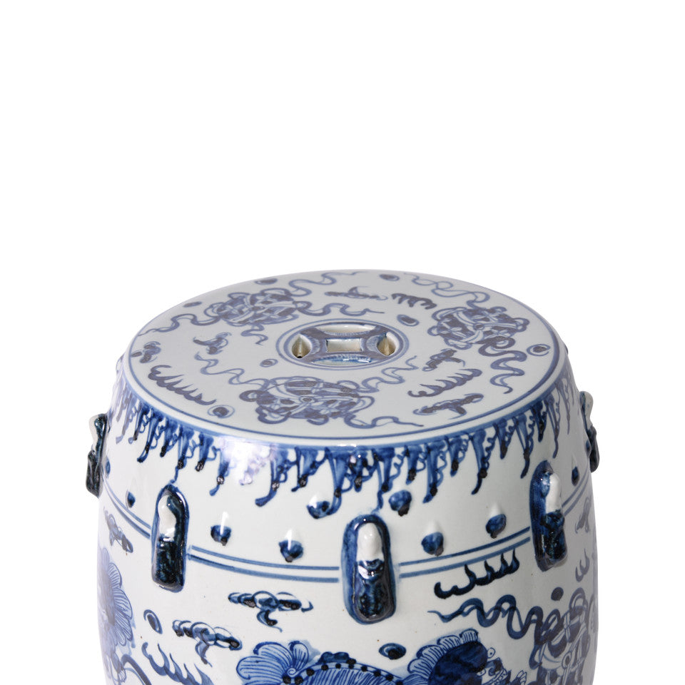 Blue and White Garden Stool Lion Motif By Legends Of Asia