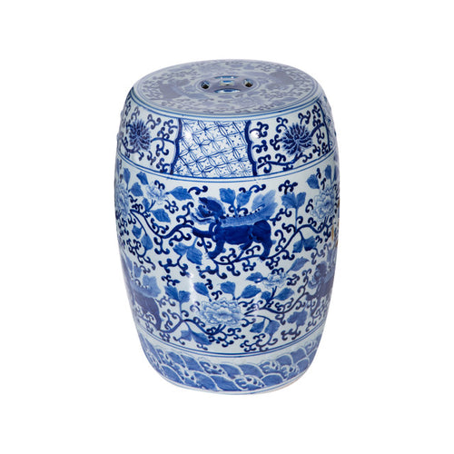 Blue & White Garden Stool Twisted Lotus Kirin Motif by Legend Accents