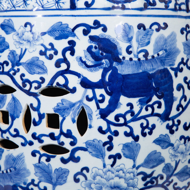Blue & White Garden Stool Twisted Lotus Kirin Motif by Legend Accents