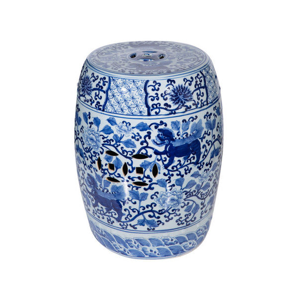 Blue & White Garden Stool Twisted Lotus Kirin Motif by Legend Accents