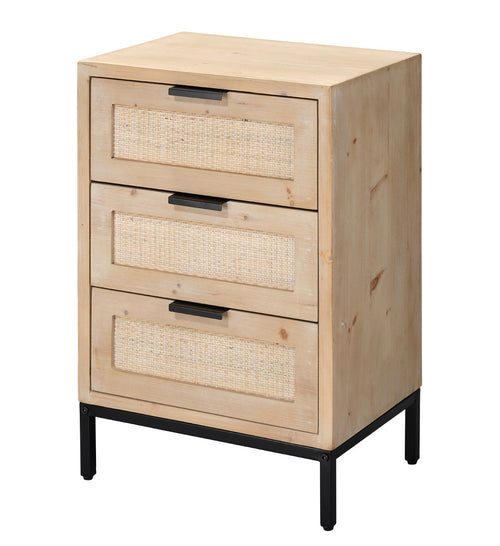 Reed 3 Drawer Side Table In Washed Wood & Black Metal