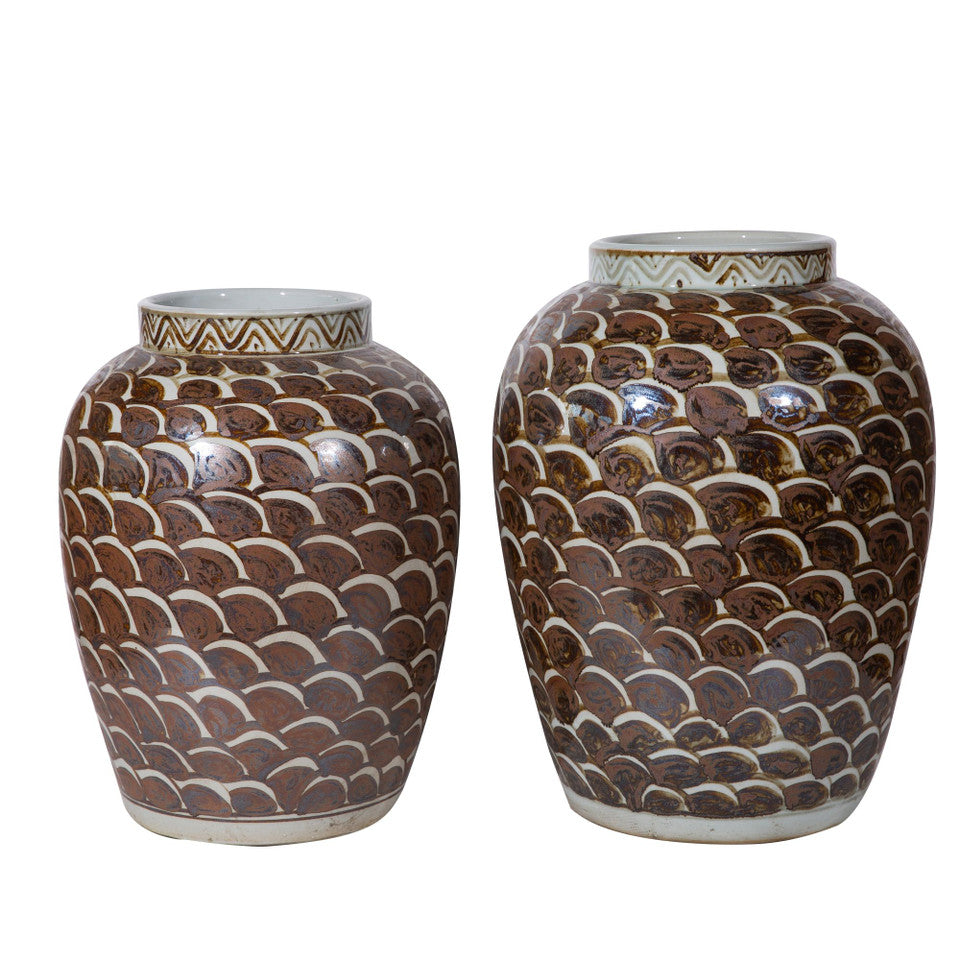 Rusty Brown Jar With Fish Scale Pattern By Legends Of Asia