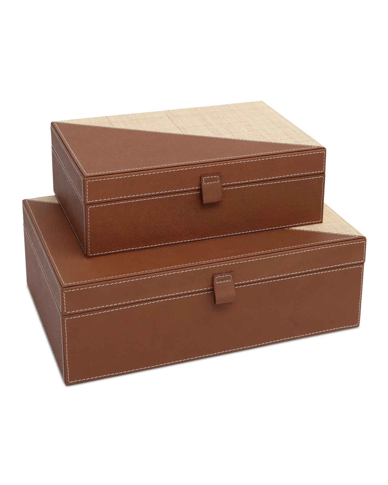 Currey & Company 15"/12" Leather & Raffia Box Set Of 2