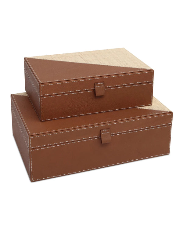 Currey & Company 15"/12" Leather & Raffia Box Set Of 2