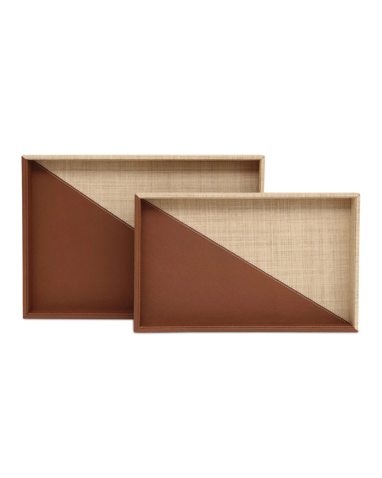 Currey & Company 16"/18" Leather & Raffia Tray Set Of 2