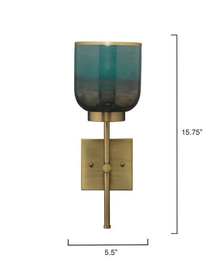 Jamie Young Vapor Single Sconce In Antique Brass & Aqua Metallic Glass