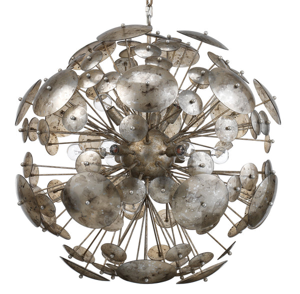 Jamie Young Constellation Round Chandelier In Antique Mercury Glass & Champagne Leaf Metal