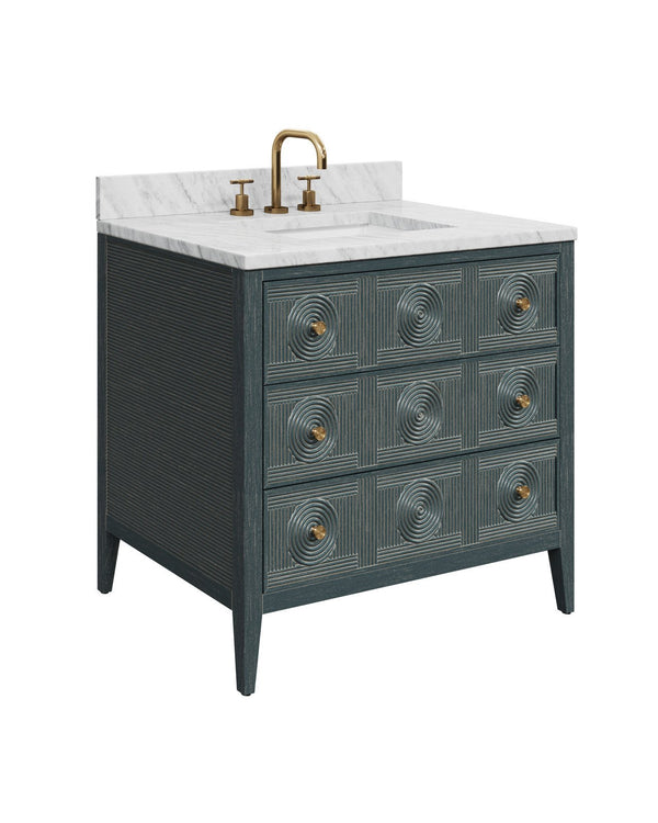 Currey & Company Santos 36" Vintage Navy Rattan Vanity With Rectangular Undermount Sink