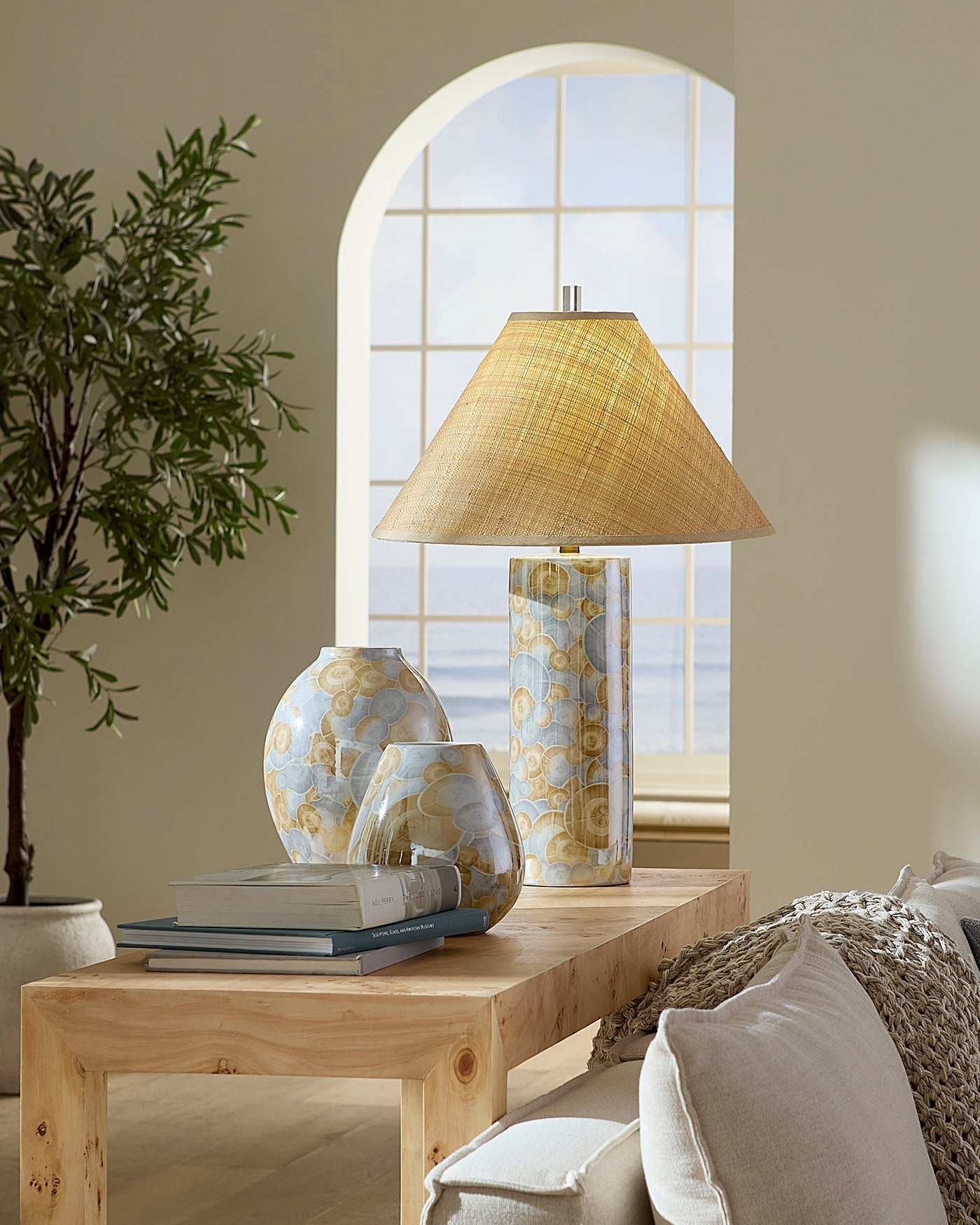 Jamie Young Serene Ceramic Table Lamp With Raffia Shade