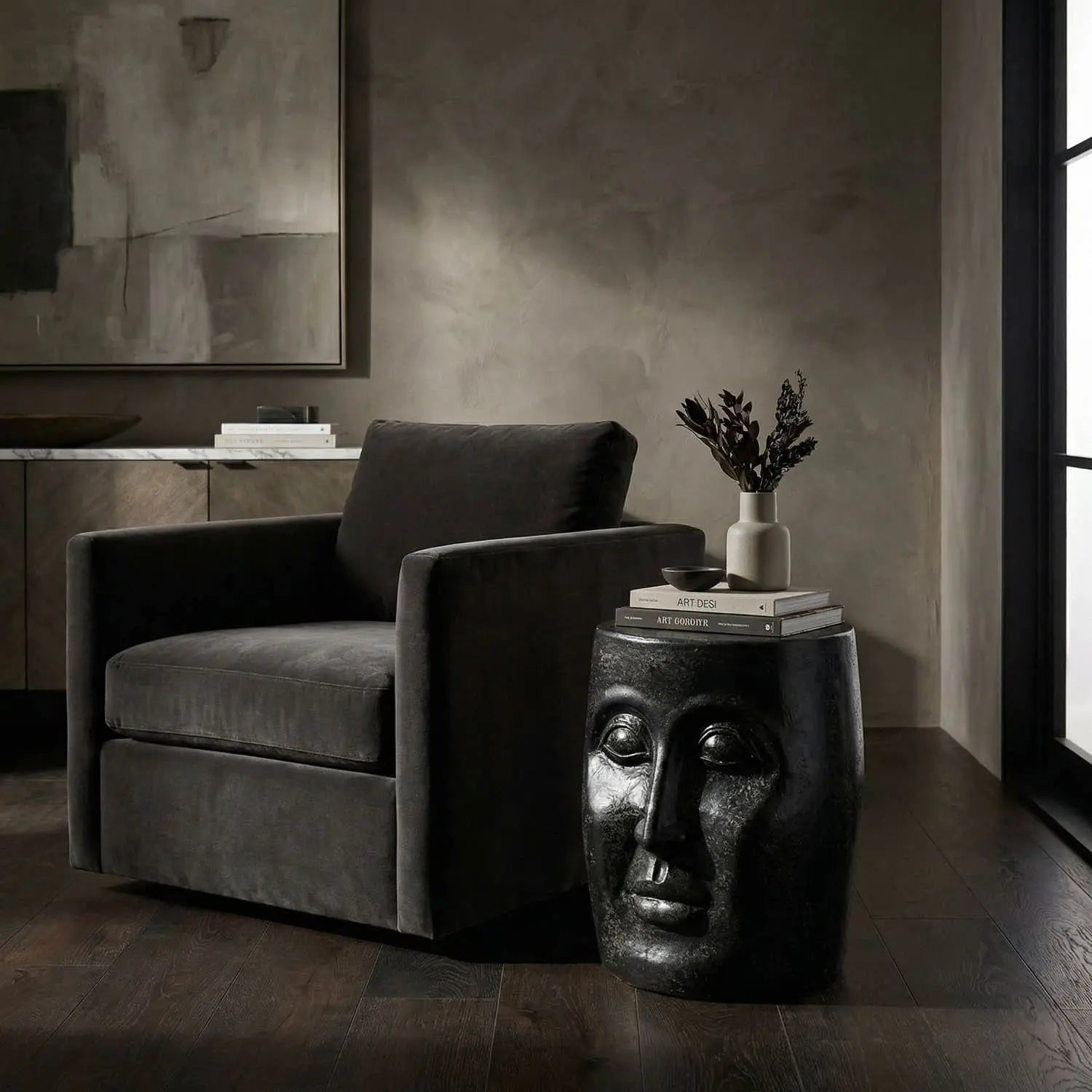 Noir Head Side Table, Black Fiber Cement