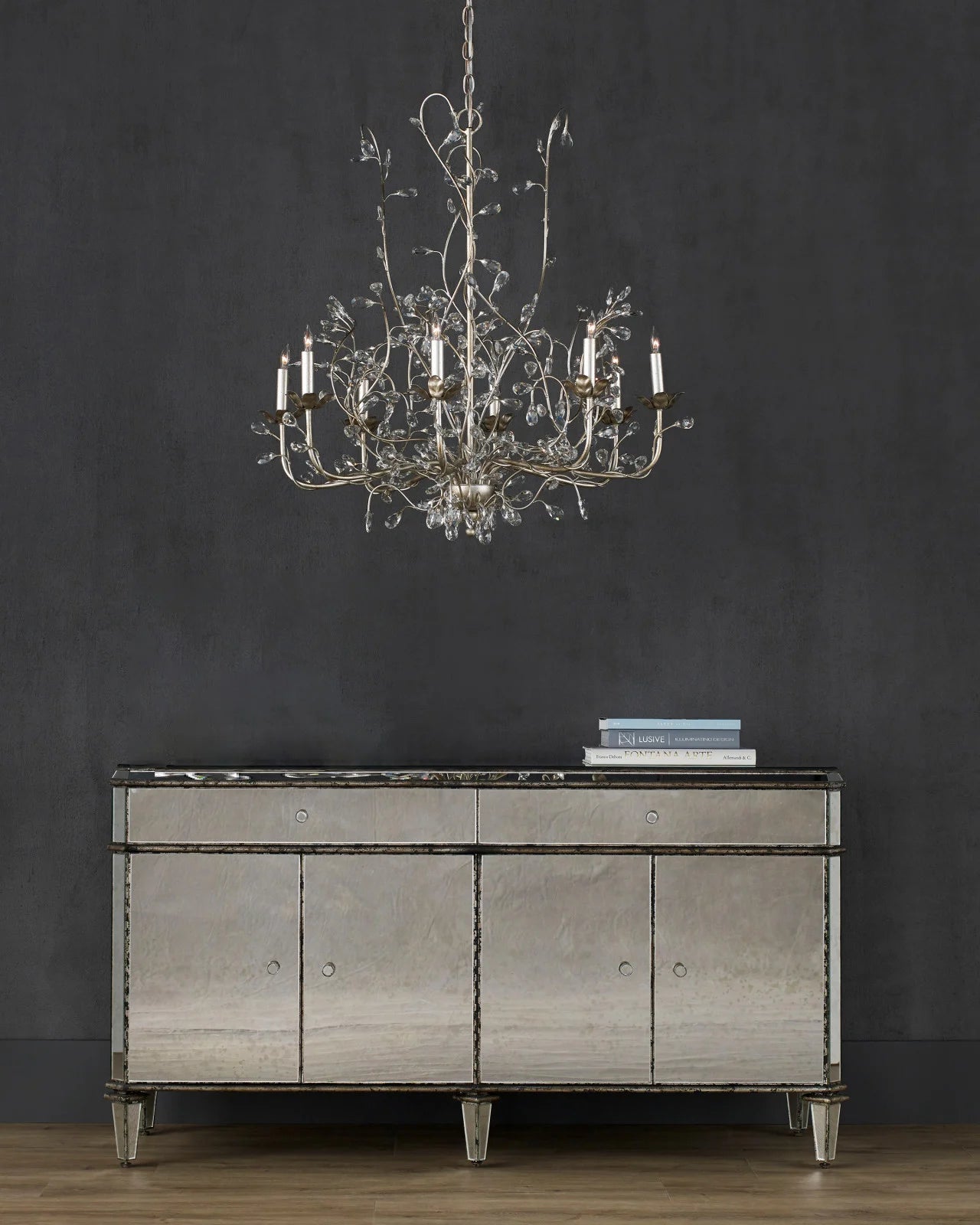 Currey & Company Crystal Bud Silver Large Chandelier