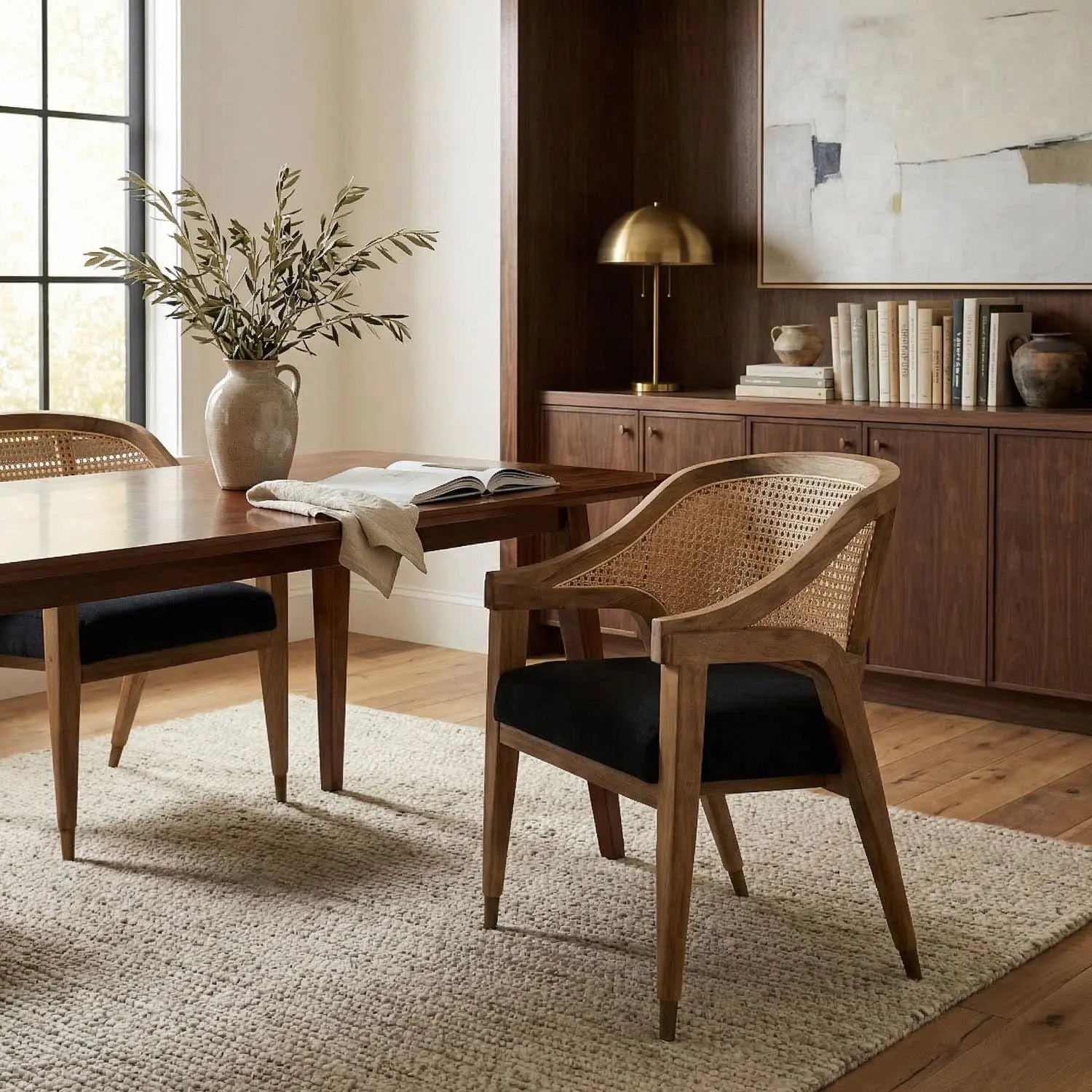 Noir Chloe Chair, Teak, Caning, And Black Cotton