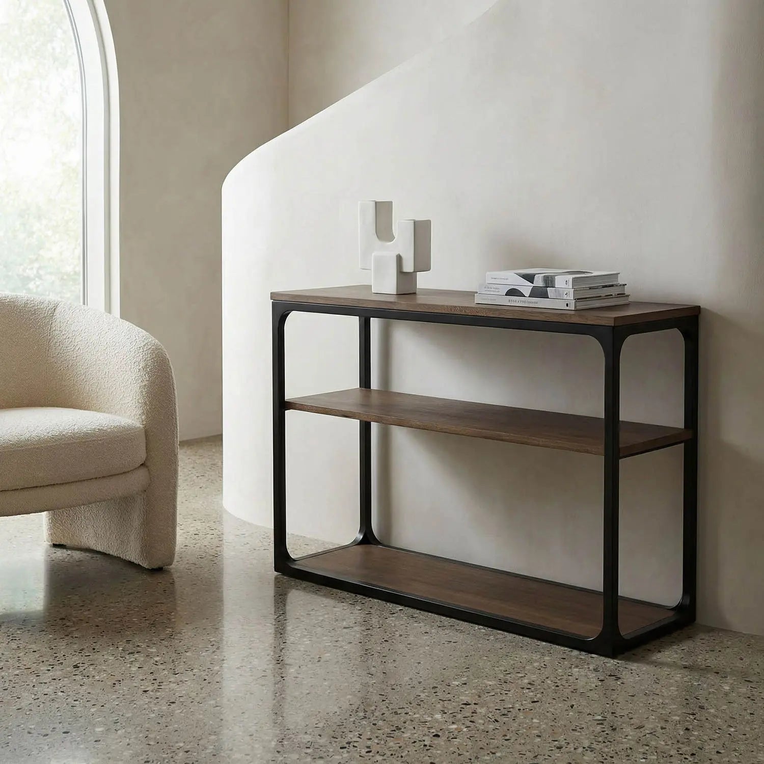 Noir Novie Console Black Steel With Dark Walnut