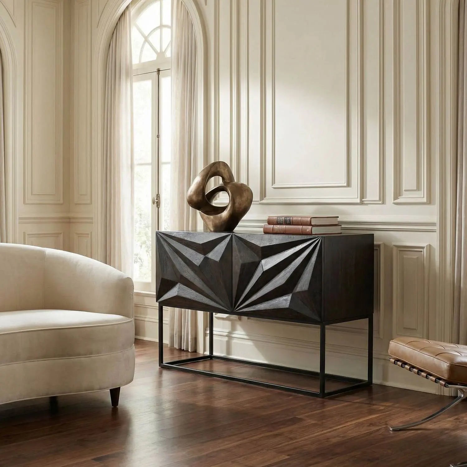 Noir Small Zurich Console, Ebony Walnut With Steel