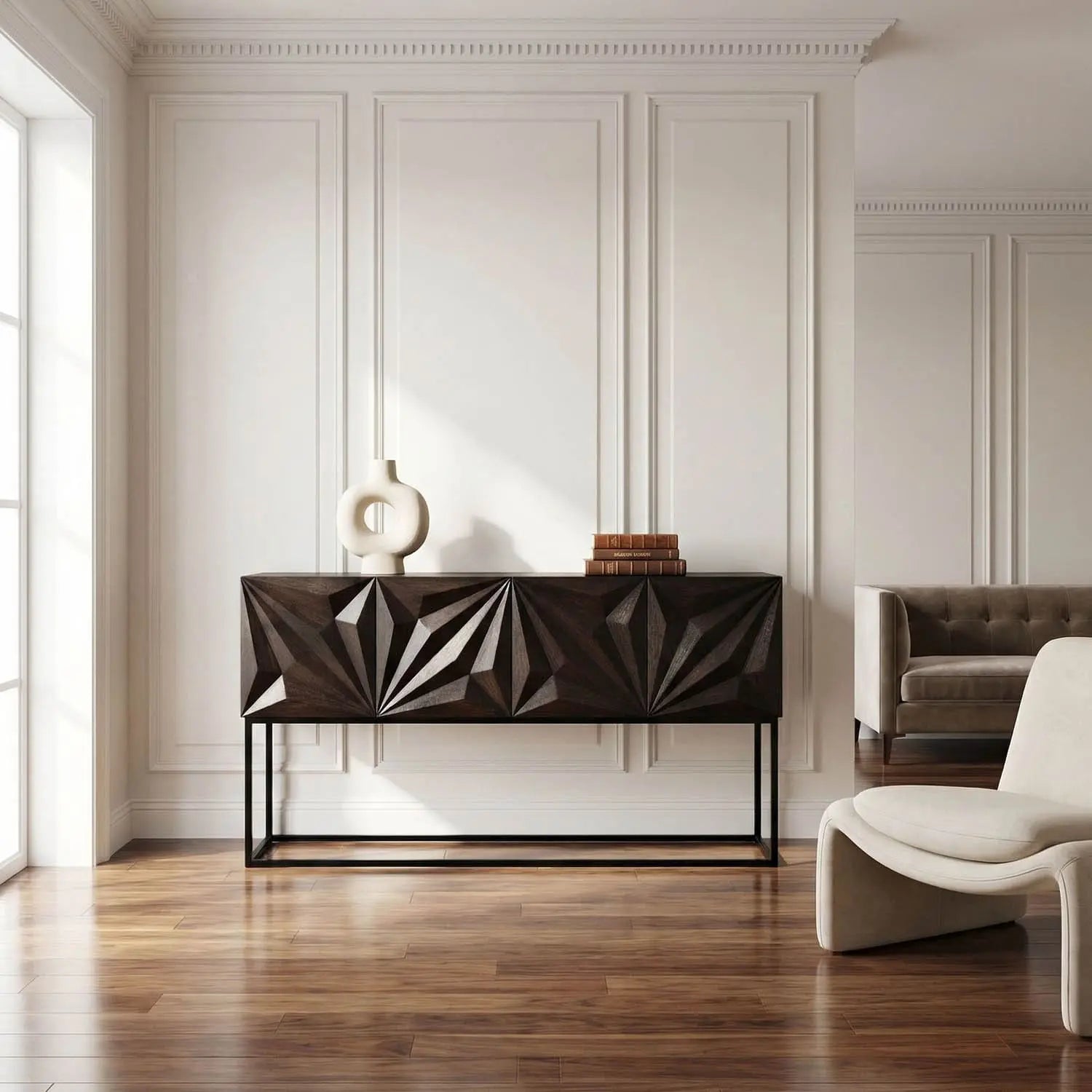 Noir Zurich Console, Ebony Walnut With Steel