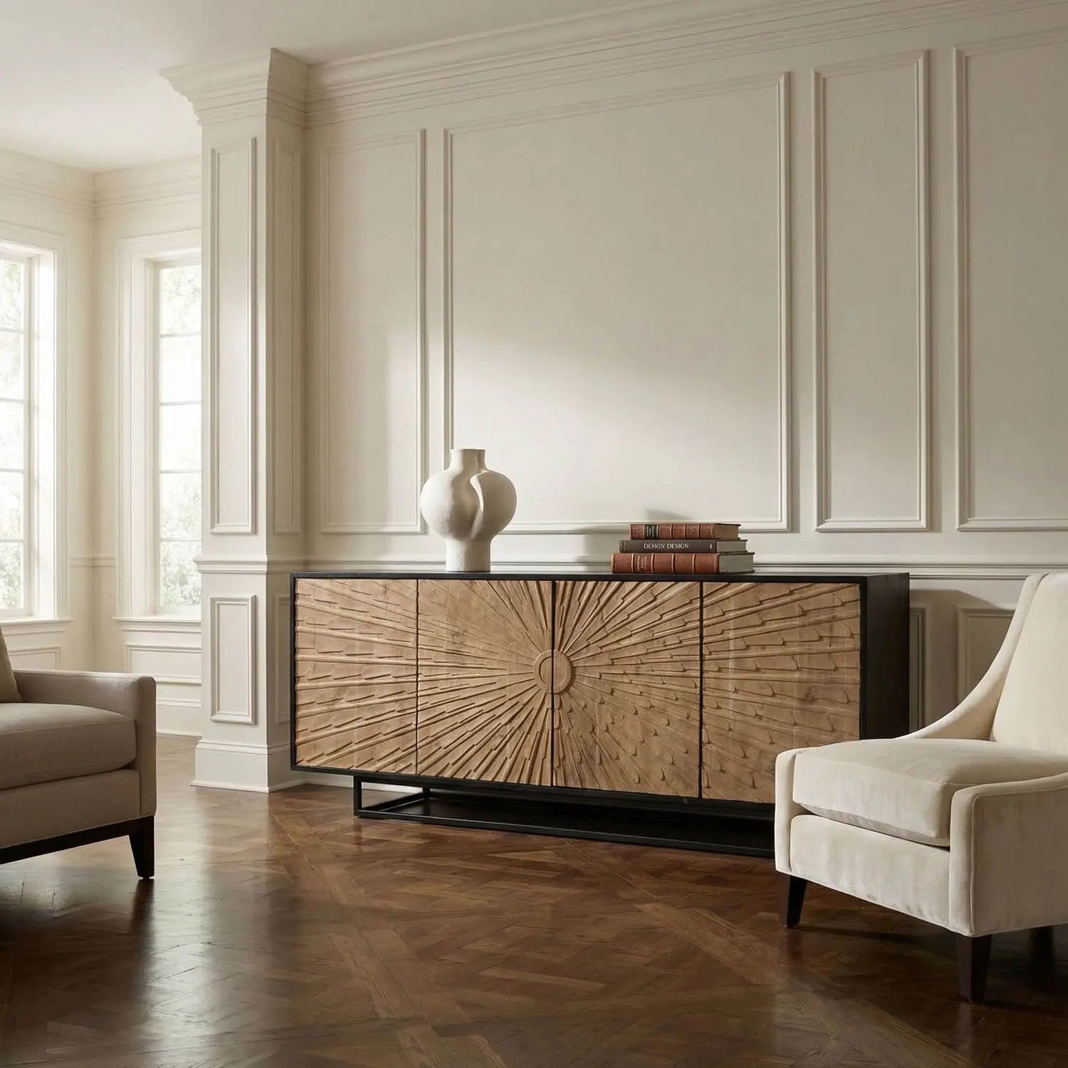 Noir Ra Sideboard, Hand Rubbed Black With Teak