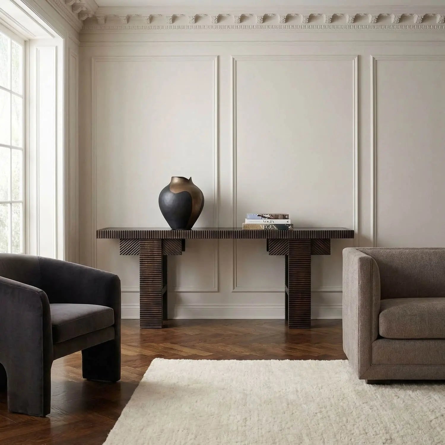 Noir Nabu Console, Hand Rubbed Black With Light Brown Trim