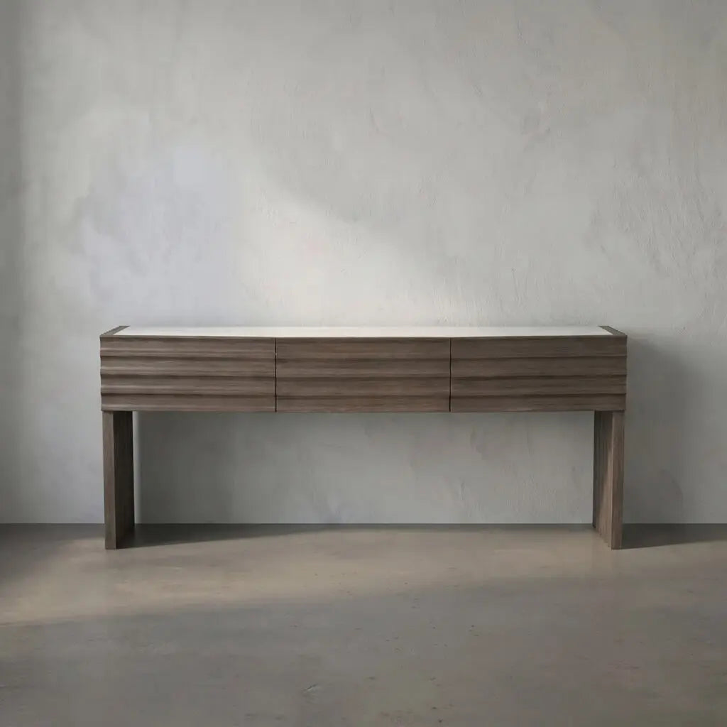 Noir Wolf Console With White Marble Top, Greige Walnut