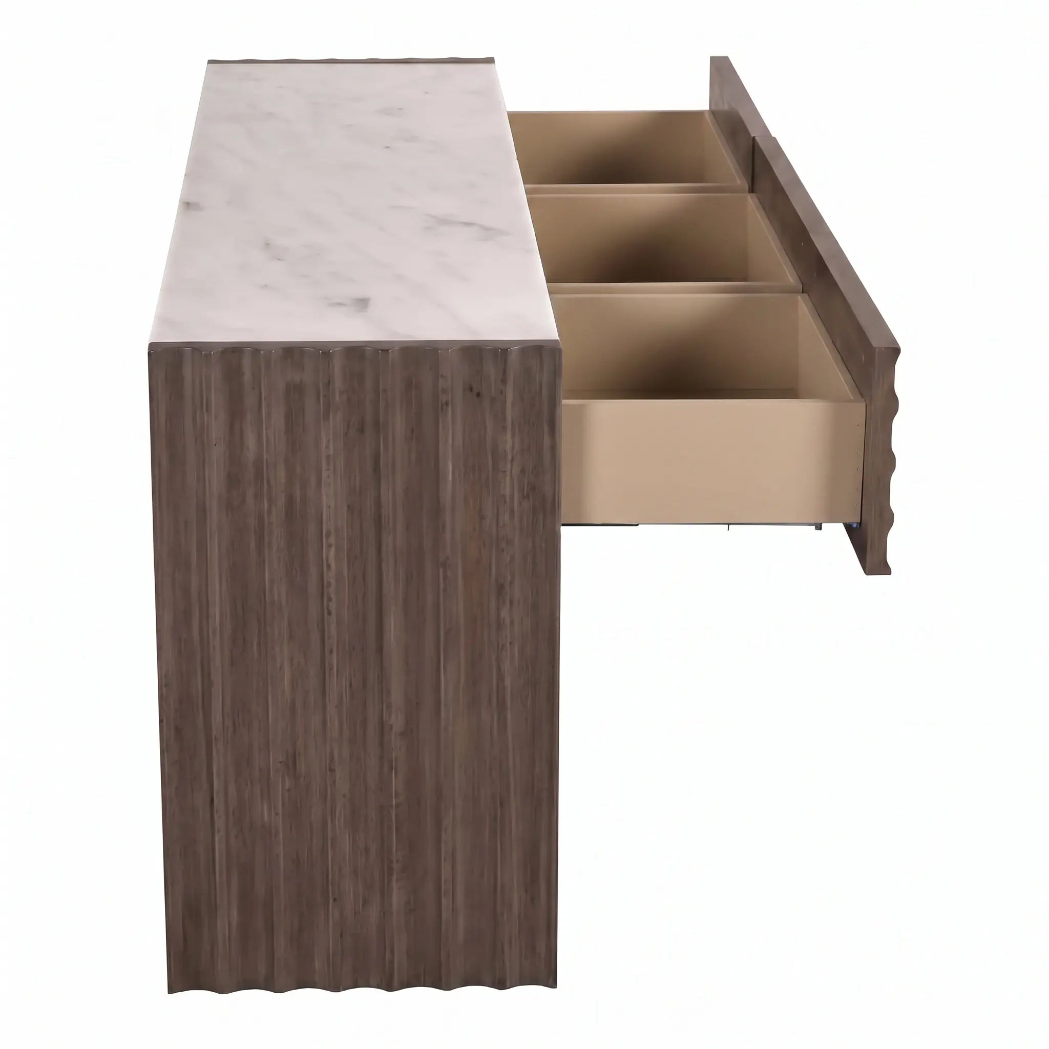 Noir Wolf Console With White Marble Top, Greige Walnut
