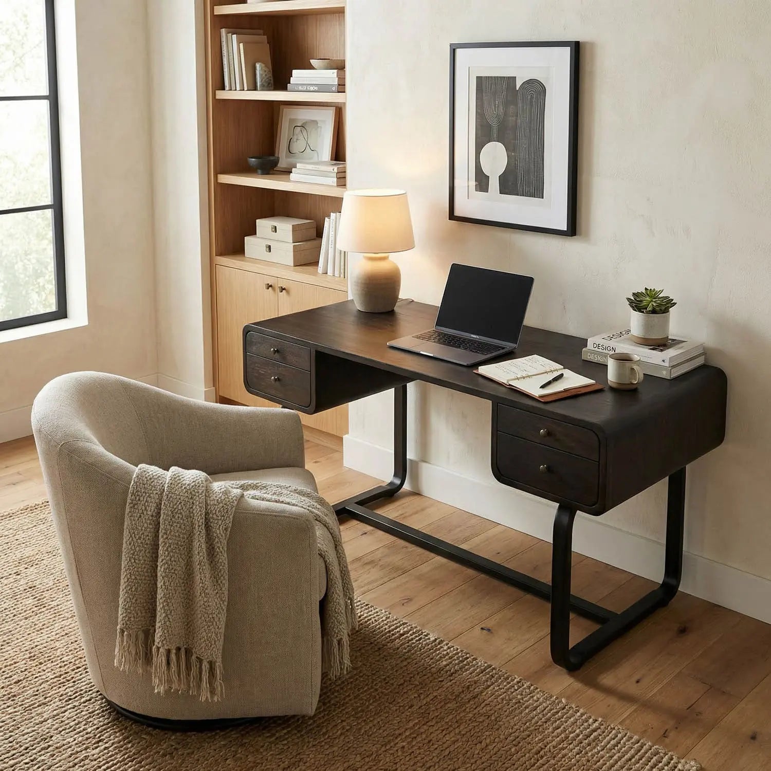 Noir Voltes Desk, Ebony Walnut With Black Steel