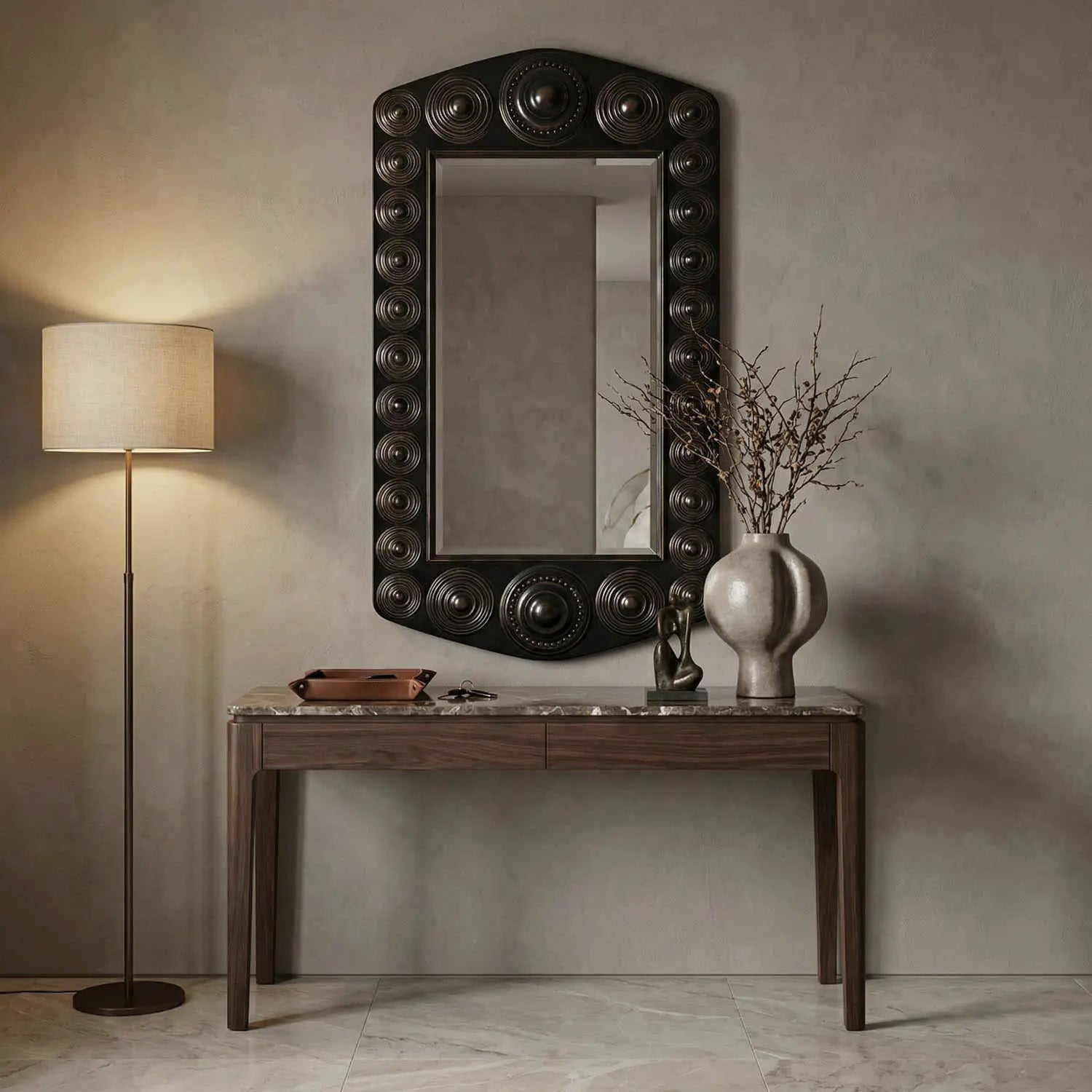Noir Nanna Mirror, Hand Rubbed Black With Light Brown Trim