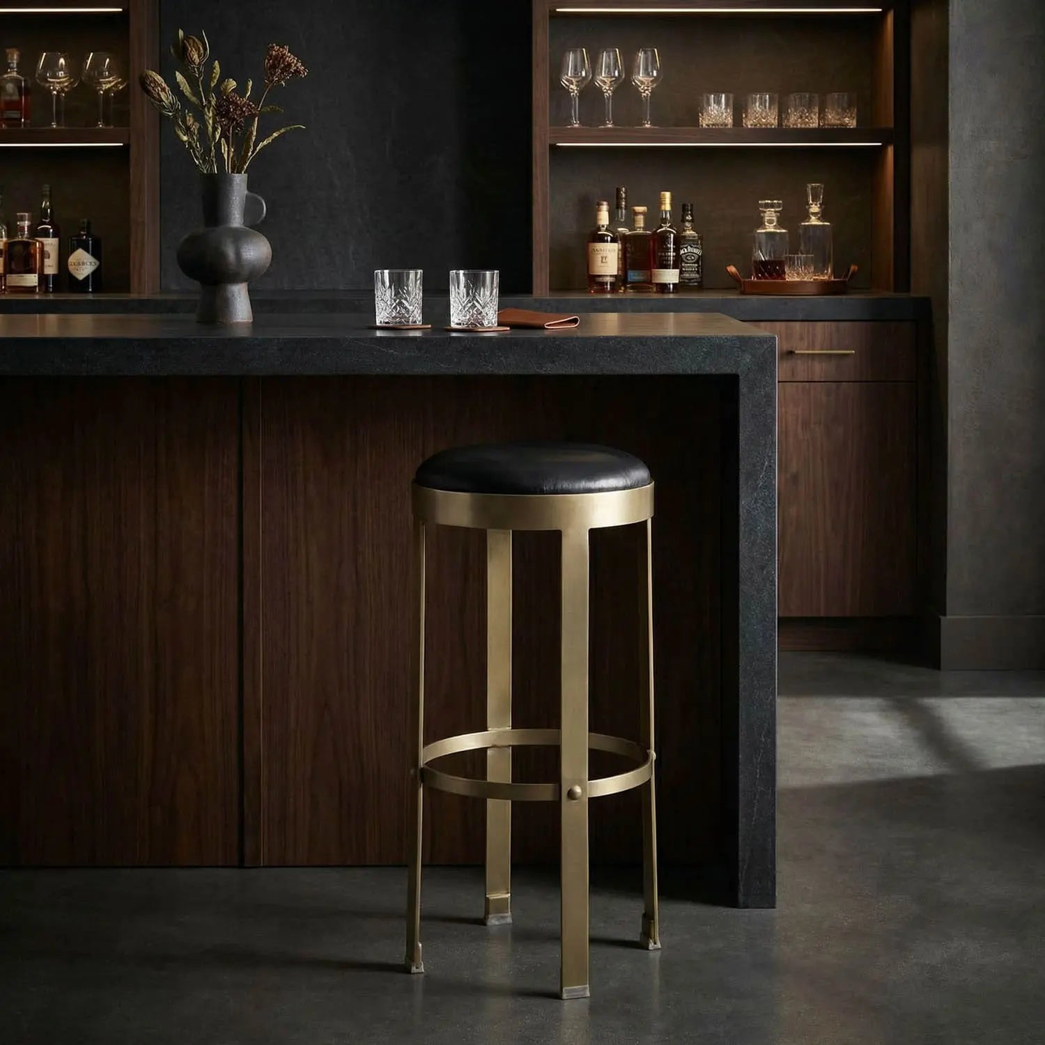 Noir Prince Stool With Leather, Brass Finish