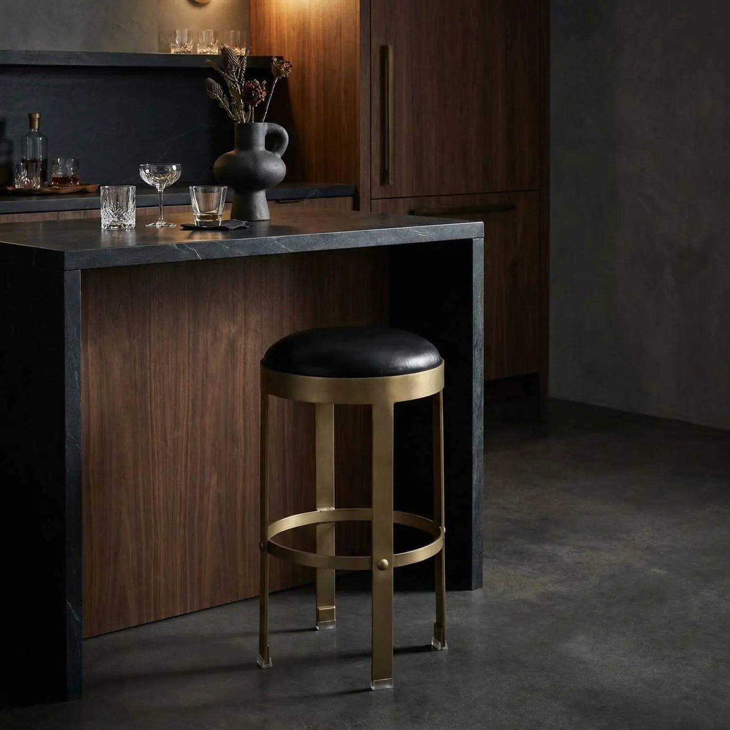 Noir Prince Counter Stool With Leather, Brass Finish
