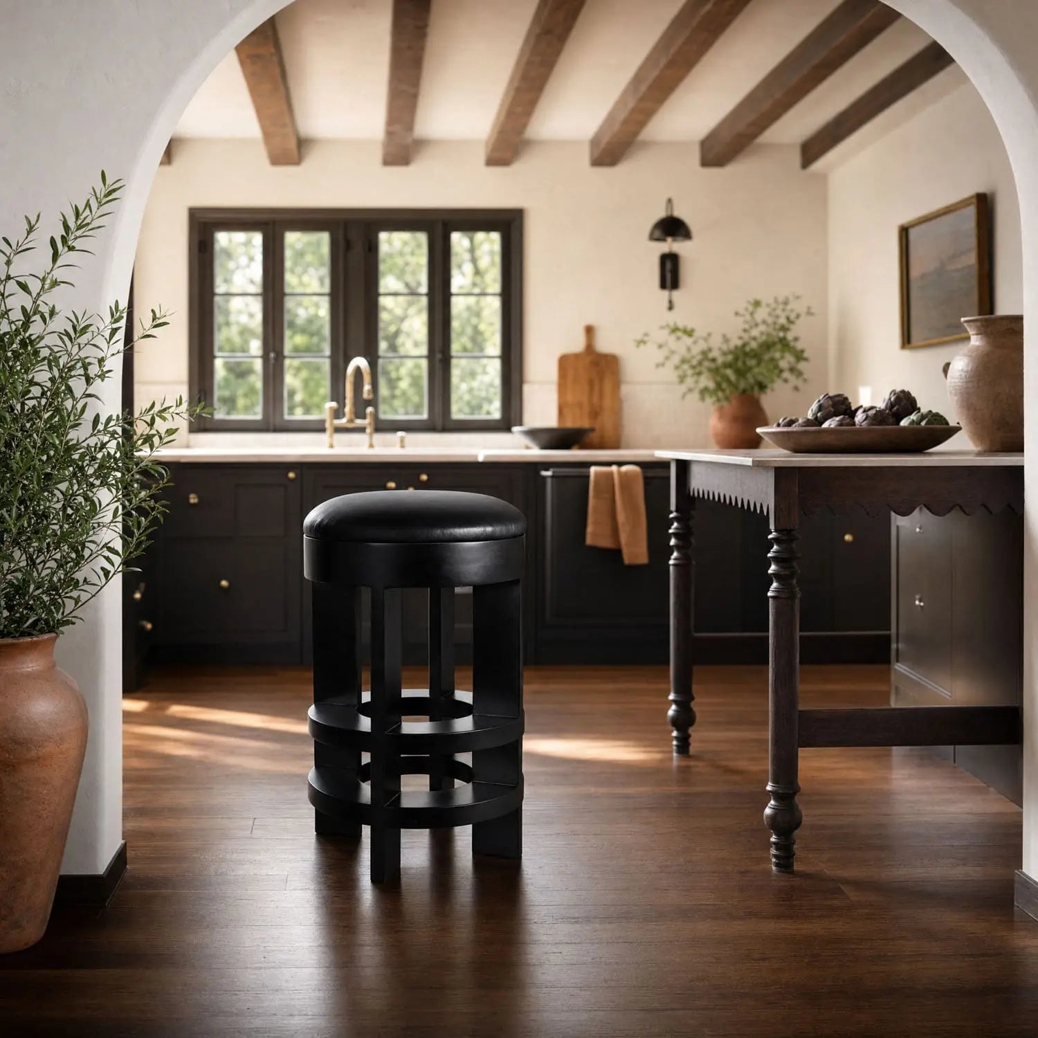 Noir Berlin Counter Stool With Swivel Leather Seat