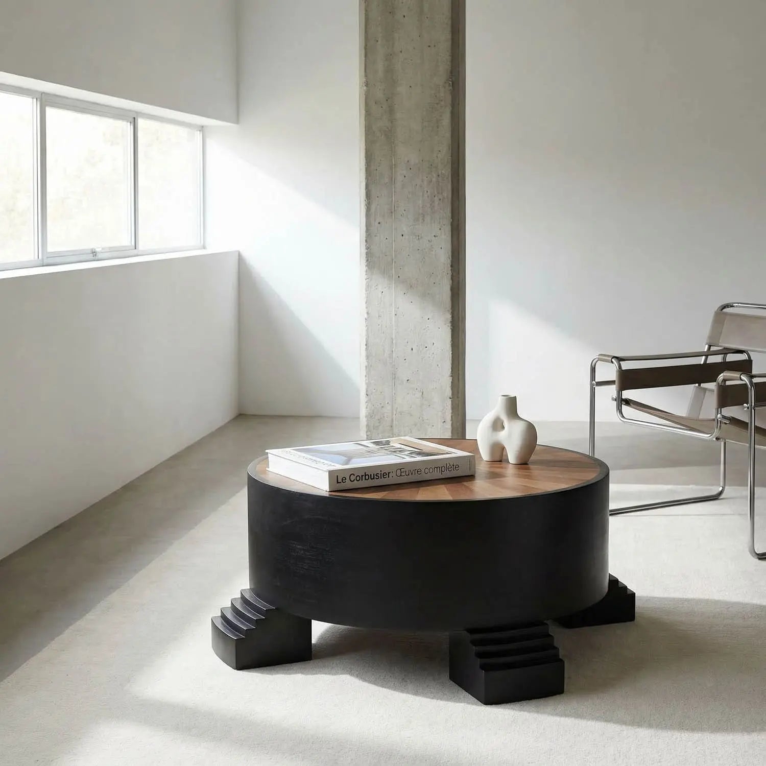 Noir Tambour Coffee Table, Hand Rubbed Black With Veneer Top