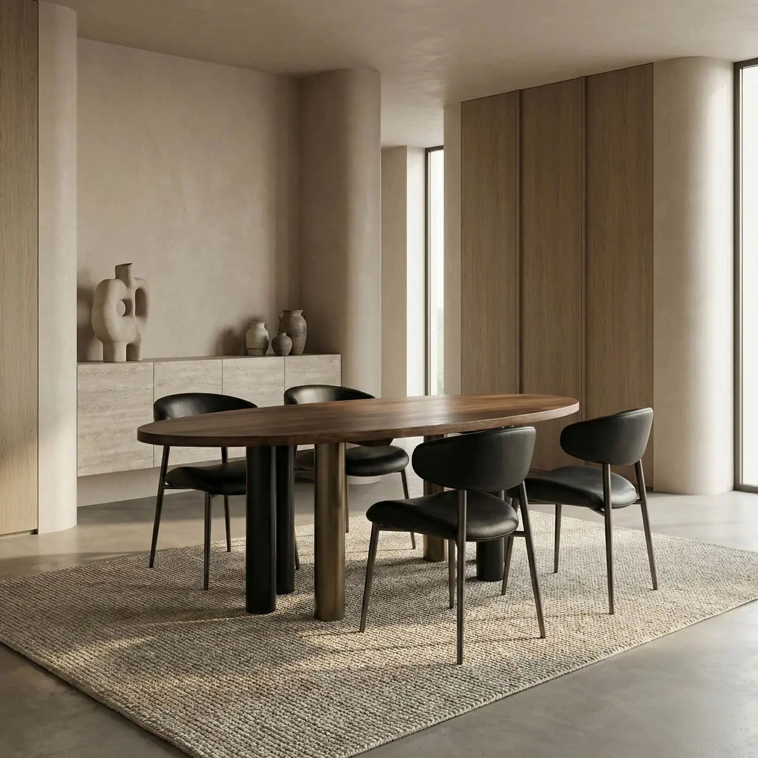 Noir Journal Oval Dining Table, Dark Walnut With Black Steel Base