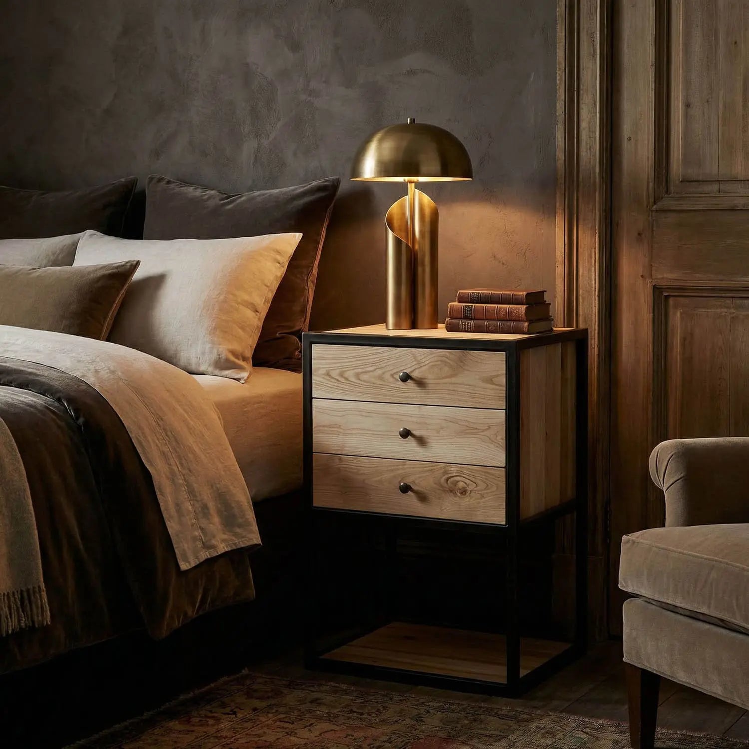 Noir Pearce Side Table, Elm And Black Steel